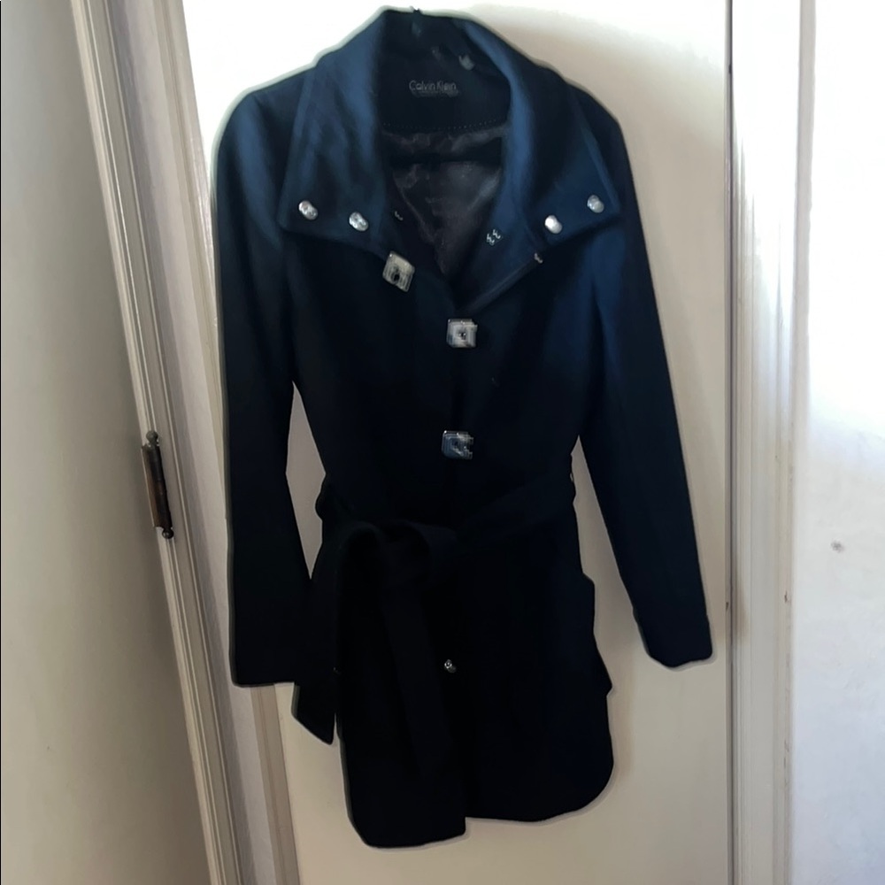 Calvin Klein Black long peacoat with Tailored Silhouette and tie waist